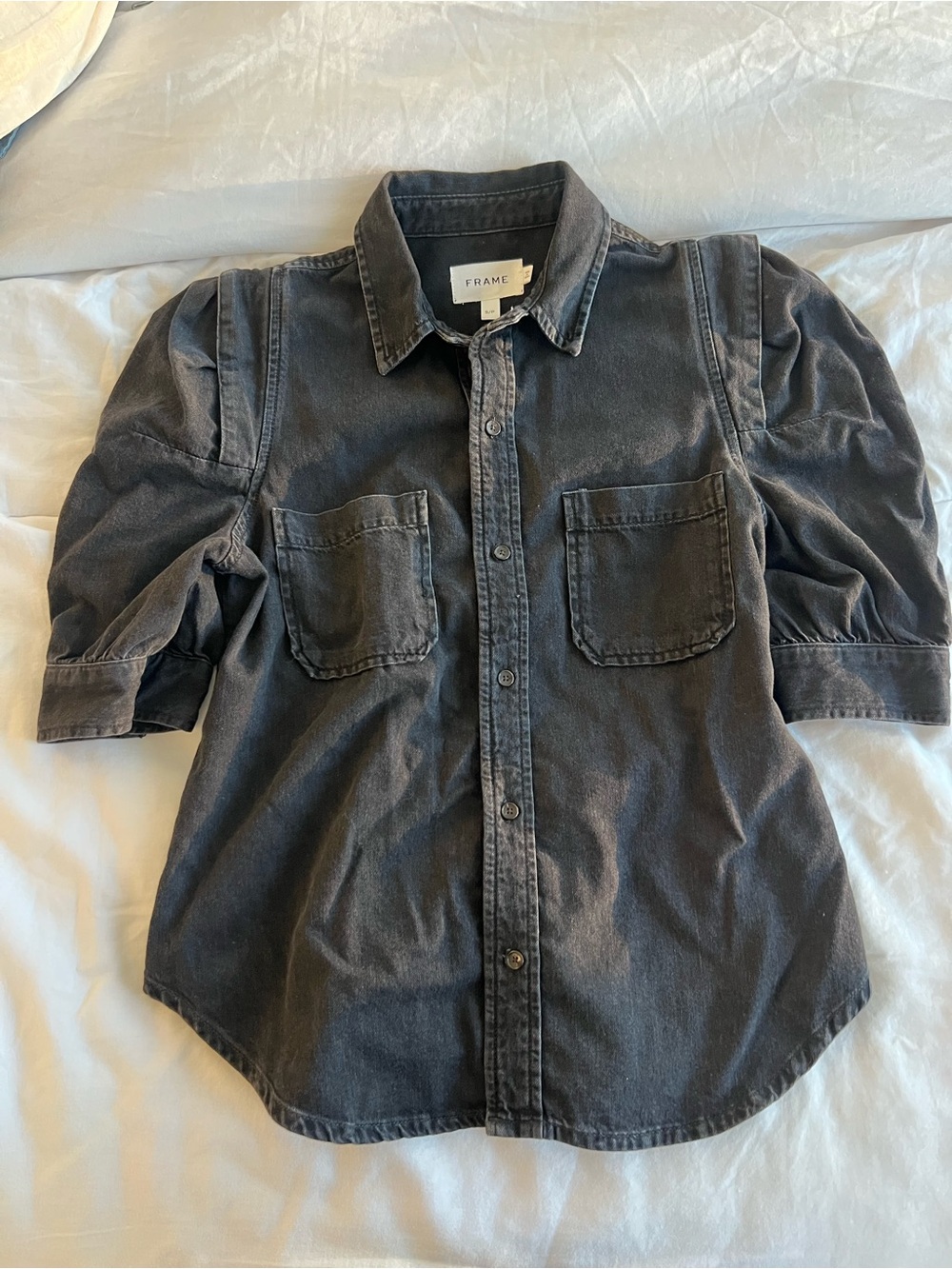 Frame Denim Washed Black Puff Sleeve Button-Front Shirt